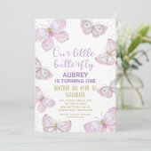 パープル金ゴールド蝶金ゴールドグリッター1st誕生日 招待状 (スタンド正面)