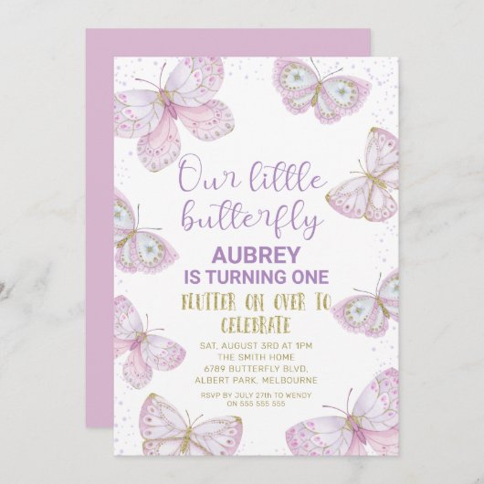 パープル金ゴールド蝶金ゴールドグリッター1st誕生日 招待状 (正面/裏面)