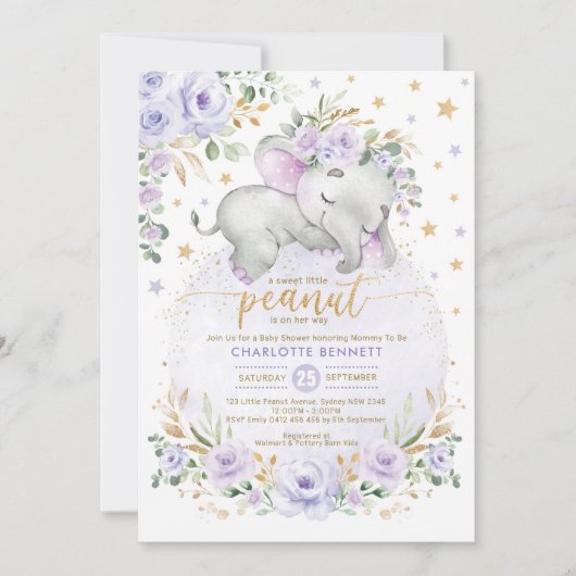 パープル金ゴールド象フローラムーンスターズ赤ちゃんシャワー 招待状 (正面)