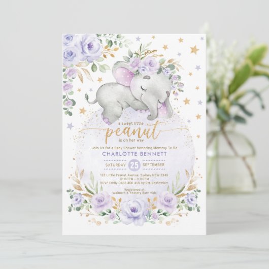 パープル金ゴールド象フローラムーンスターズ赤ちゃんシャワー 招待状 (スタンド正面)