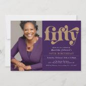 パープル金ゴールド50th誕生日パーティー 招待状 (正面)