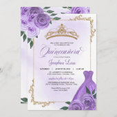 パープル金ゴールド&ホワイトフローラティアラキンセアニラ 招待状 (正面/裏面)