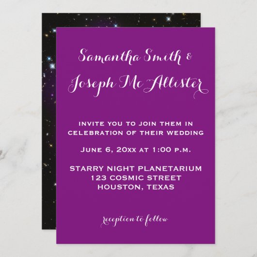 パープル銀河系クラスタープラネタリウム結婚ズ 招待状 (正面/裏面)