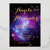 パープル銀河系クラスタープラネタリウム結婚ズ 箔招待状 (正面)