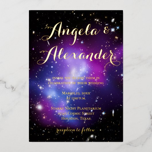 パープル銀河系クラスタープラネタリウム結婚ズ 箔招待状 (正面)