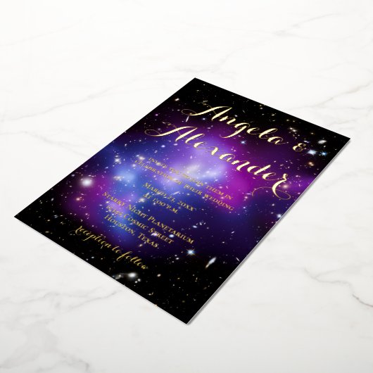 パープル銀河系クラスタープラネタリウム結婚ズ 箔招待状 (回転した状態)