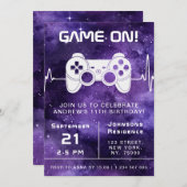 パープル銀河系ビデオゲームゲーマー子供の誕生日パーティー 招待状 (正面/裏面)