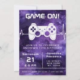 パープル銀河系ビデオゲームゲーマー子供の誕生日パーティー 招待状