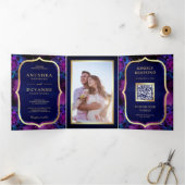 パープル銀河系ブルーマンダラQRコードインディアン結婚ズ 三つ折り招待状 (内部)