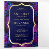パープル銀河系ブルーマンダラQRコードインディアン結婚ズ 三つ折り招待状 (内部最初)
