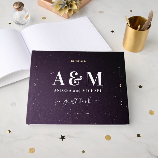 パープル銀河系天星空金ゴールドムーン結婚ズ ゲストブック (正面見開き)