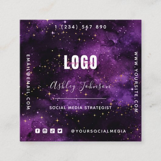 パープル銀河系宇宙スパークルQRコード&ロゴコズミック スクエア名刺 (正面)