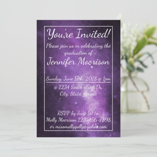 パープル銀河系宇宙卒業パーティー招待状 招待状 (スタンド正面)