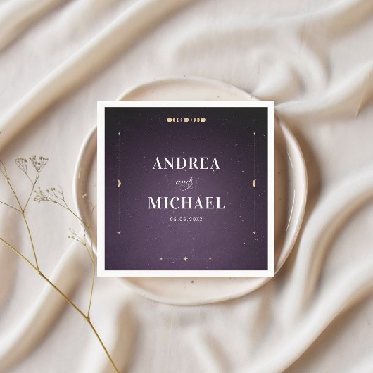 パープル銀河系金ゴールドムーンシチュアルウェディングパーティー スタンダードカクテルナプキン