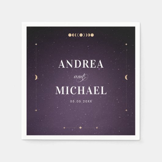 パープル銀河系金ゴールドムーンシチュアルウェディングパーティー スタンダードカクテルナプキン (正面)