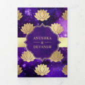 パープル銀河系金ゴールドロータスQRコードインディアン結婚ズ 三つ折り招待状 (カバー)
