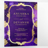 パープル銀河系金ゴールドロータスQRコードインディアン結婚ズ 三つ折り招待状 (内部最初)