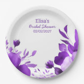 パープル開花ウォーターカラーカスタムブライダルシャワー ペーパープレート (正面)