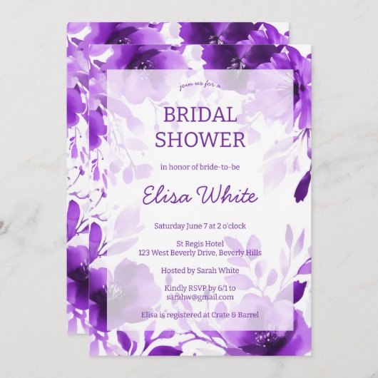 パープル開花ウォーターカラーブライダルシャワーカスタム 招待状 (正面/裏面)