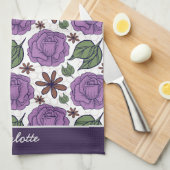 パープル開花フローラシームレスパタパーソナライズされたーン キッチンタオル (四つ折り)