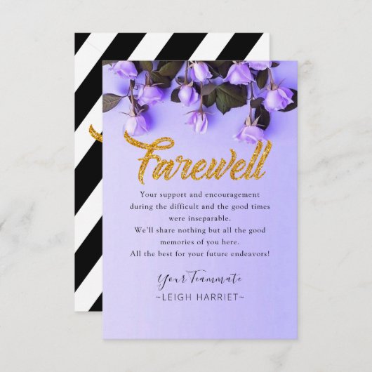 パープル開花フローラ同僚の別れのカード サンキューカード (正面/裏面)