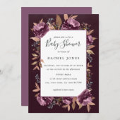 パープル開花フローラ水色ベビーシャワー招待状 招待状 (正面/裏面)