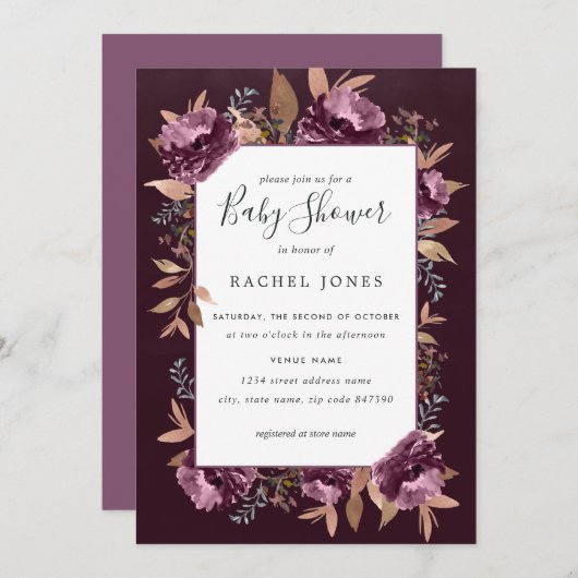 パープル開花フローラ水色ベビーシャワー招待状 招待状 (正面/裏面)