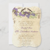 パープル開花葉グリーンヴィンテージバードウェディング 招待状 (正面)