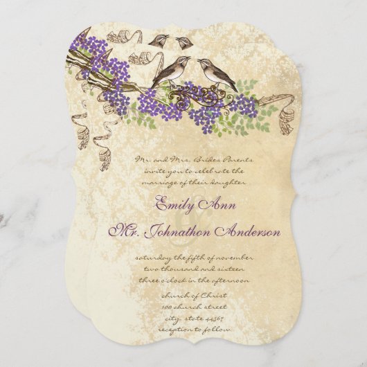 パープル開花葉グリーンヴィンテージバードウェディング 招待状 (正面/裏面)