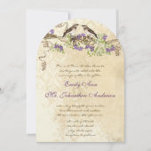 パープル開花葉グリーンヴィンテージバードウェディング 招待状 (正面)