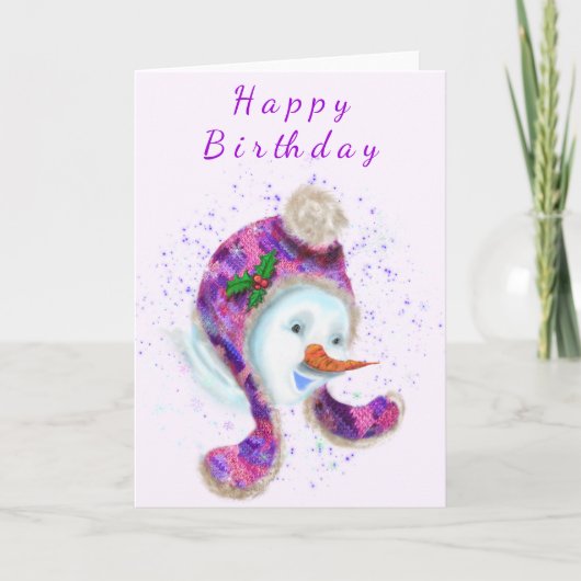 パープル雪だるまピンクビーニー冬ハットおもしろい カード (正面)