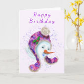 パープル雪だるまピンクビーニー冬ハットおもしろい カード (黄色い花)