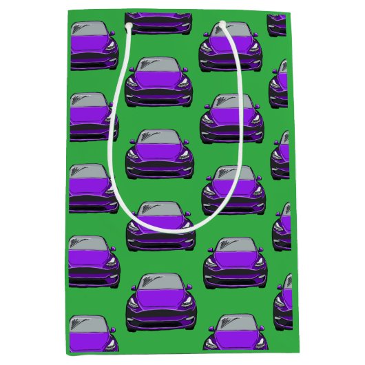 パープル電気自動車SUV車の緑の背景 ミディアムペーパーバッグ (正面)