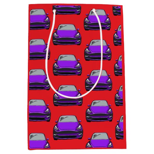 パープル電気自動車SUV車の赤の背景 ミディアムペーパーバッグ (正面)