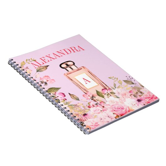 パープル香水ボトルフローラかわいらしシックモノグラム ノートブック (右側)