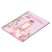 パープル香水ボトルフローラかわいらしシックモノグラム ノートブック (左側)