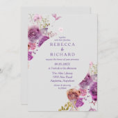 パープル魅力的フローラエレガンス結婚ズ 招待状 (正面/裏面)