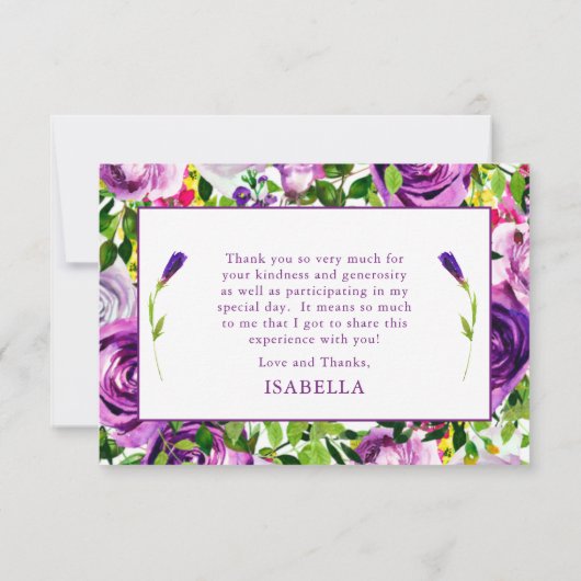 パープル鮮やかウォーターカラーブーケブライダルシャワー  サンキューカード (裏面)