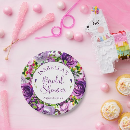 パープル鮮やかウォーターカラーブーケブライダルシャワー ペーパープレート (パーティー)