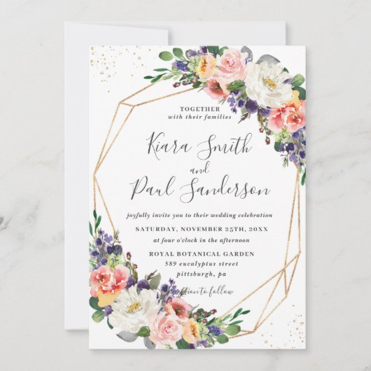 パープル鮮やかオレンジピーチ赤面フローラ結婚ズ 招待状 (正面)