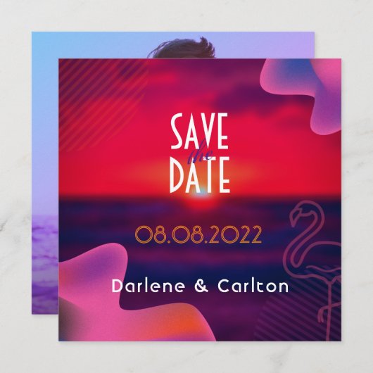 パープル鮮やかサンセットカスタム写真 セーブザデート (正面/裏面)