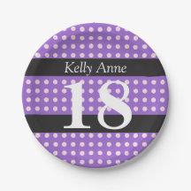 パープル18誕生日ピンク水玉模様紙プレート