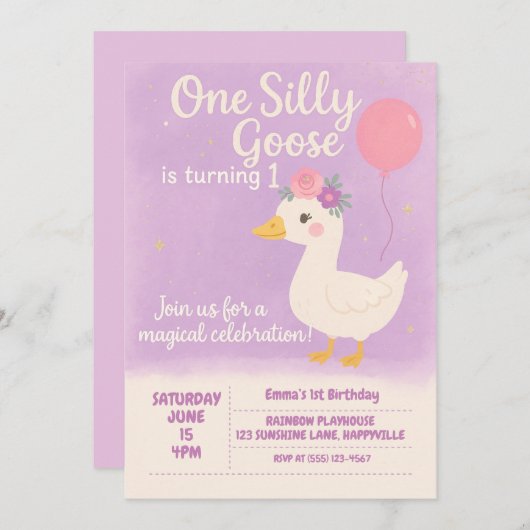 パープル1st誕生日お祝い – ワンガ間抜けース 招待状 (正面/裏面)