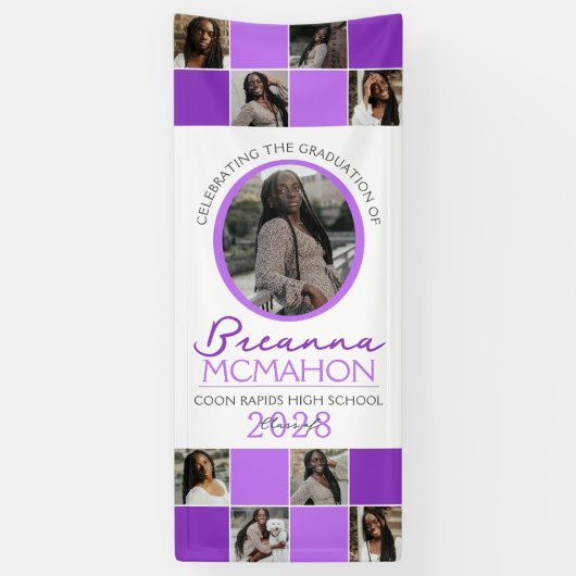 パープル2トーンフォトコラージュ卒業ビニル 横断幕 (縦)