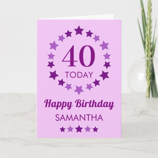 パープル40今日または任意の年齢の星の誕生日カード カード (正面)