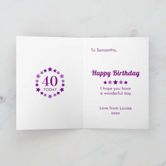パープル40今日または任意の年齢の星の誕生日カード カード (内部)