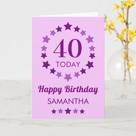 パープル40今日または任意の年齢の星の誕生日カード カード (黄色い花)