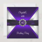 パープル40歳誕生日ダイヤモンドホワイトシルバーパーティー 招待状 (正面)