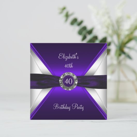 パープル40th誕生日ダイヤモンドホワイトシルバーパーティー 招待状 (スタンド正面)