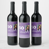 パープル50と素晴らしいグリッター50th誕生日写真 ワインラベル (ボトル)
